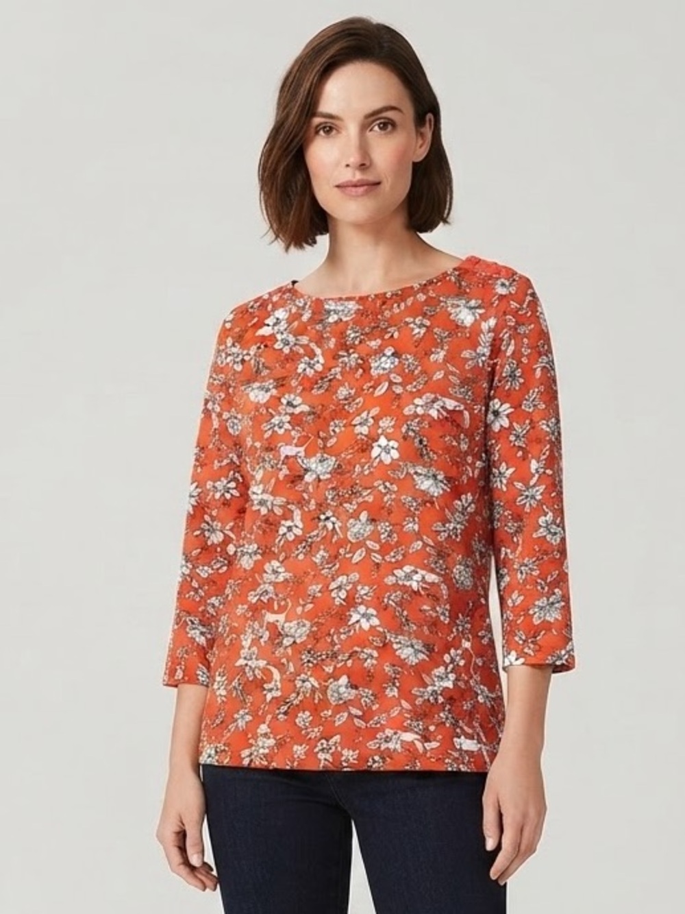 Charter Club Orange White Floral Animal Print 100% Supima Cotton Top Sz M